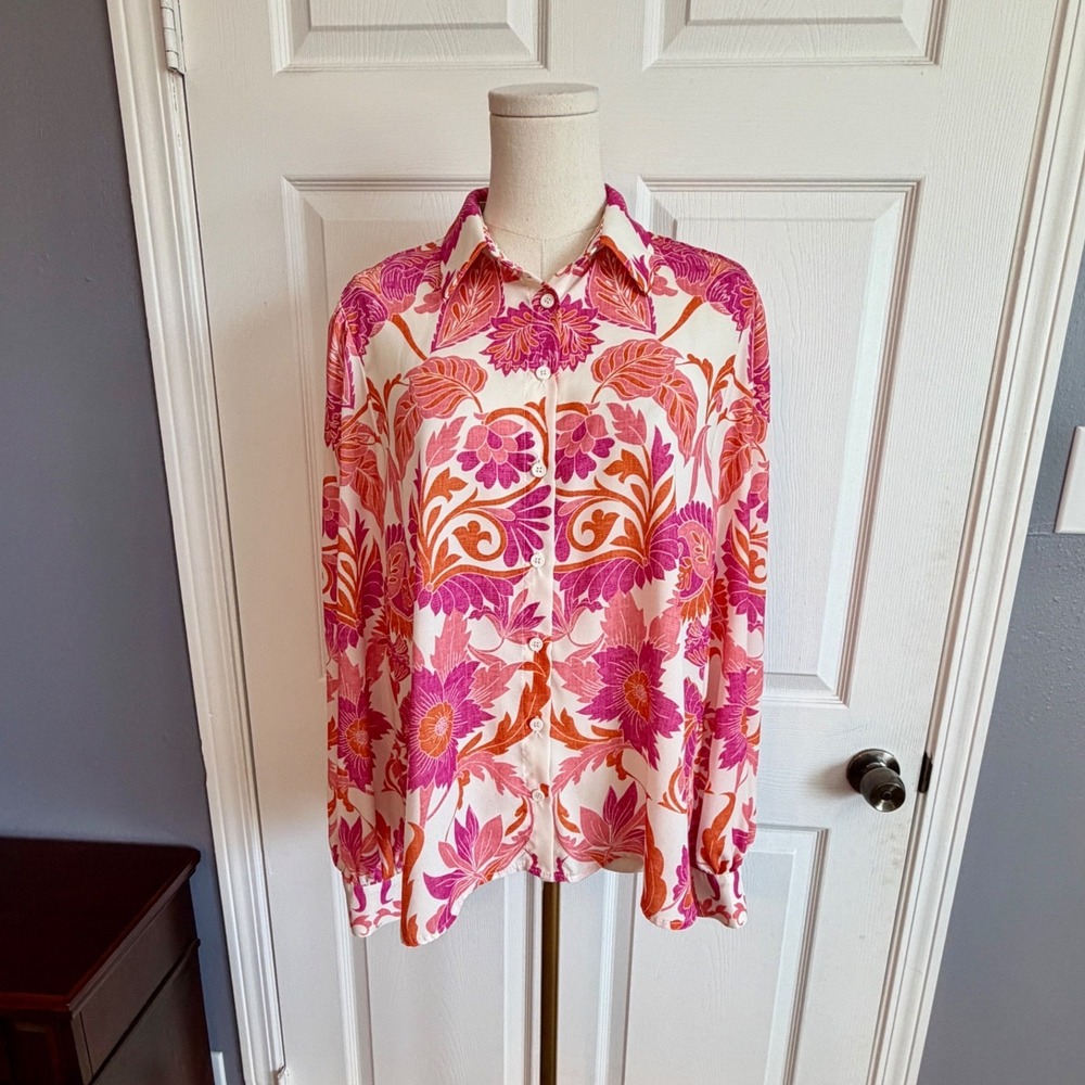 Flying Tomato Pink Orange Floral Damask Button Up Blouse Boho Long Sleeve Small